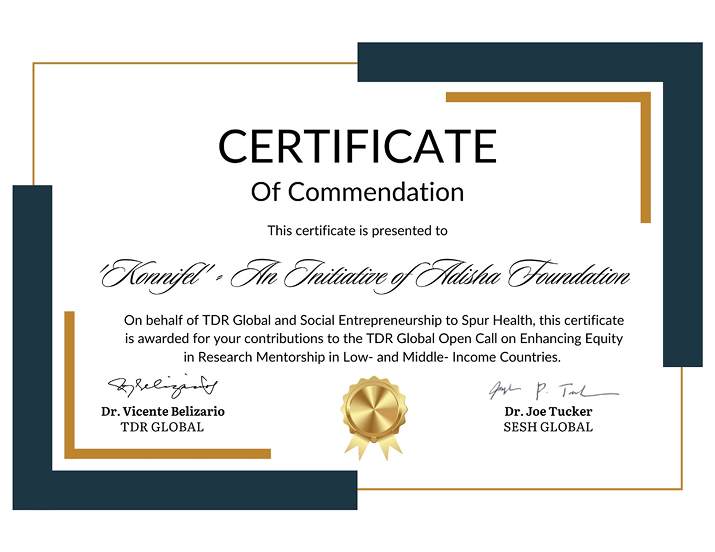 Certificate of Commendation from Adisha Foundation